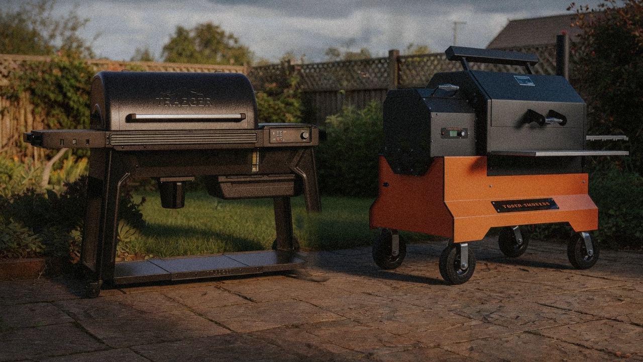 Traeger Timberline standing next to Yoder Smokers YS640s, showing the size and price-tier gap