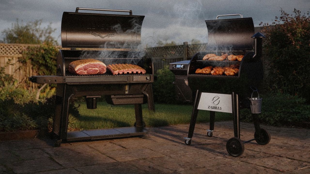 Traeger Timberline cooking next to Z Grills 700 Series (ZPG-7002), wood pellet grills on the same patio