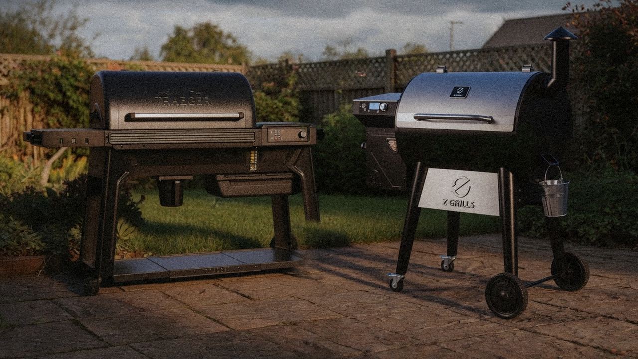 Traeger Timberline standing next to Z Grills 700 Series (ZPG-7002), showing the size and price-tier gap