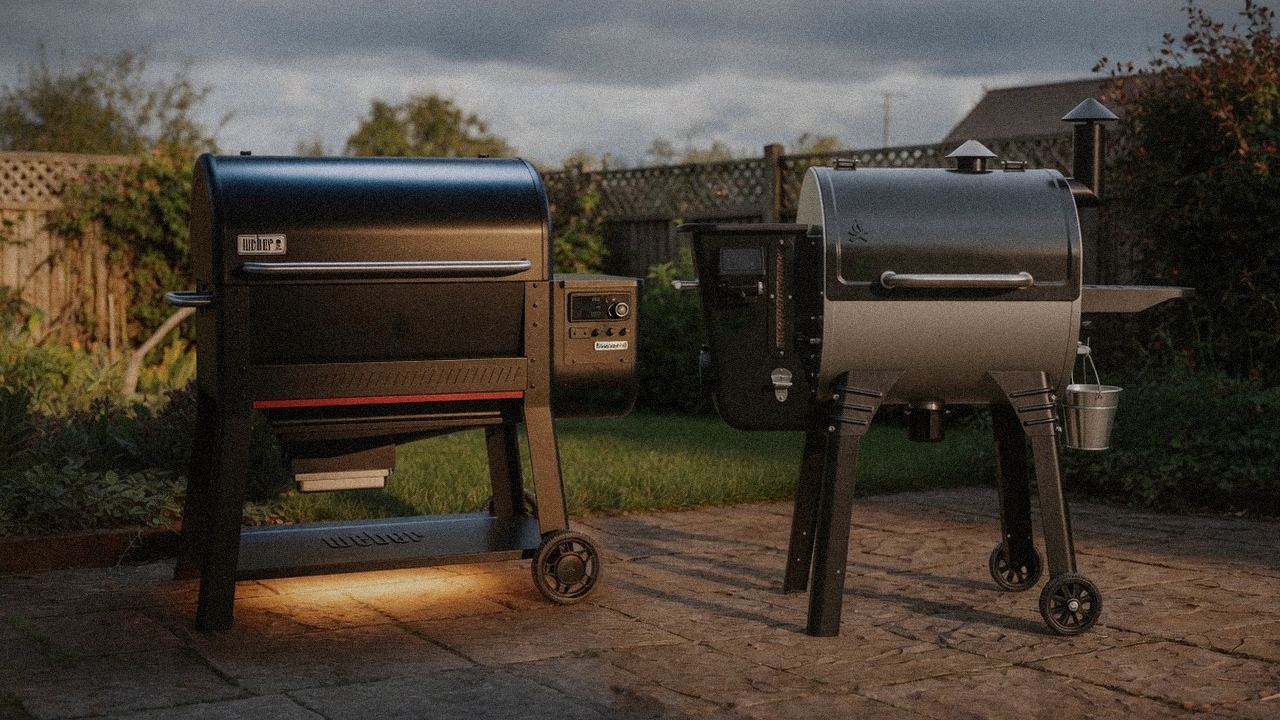 Weber Searwood XL 600 beside Camp Chef Woodwind WiFi 24, editorial product photography