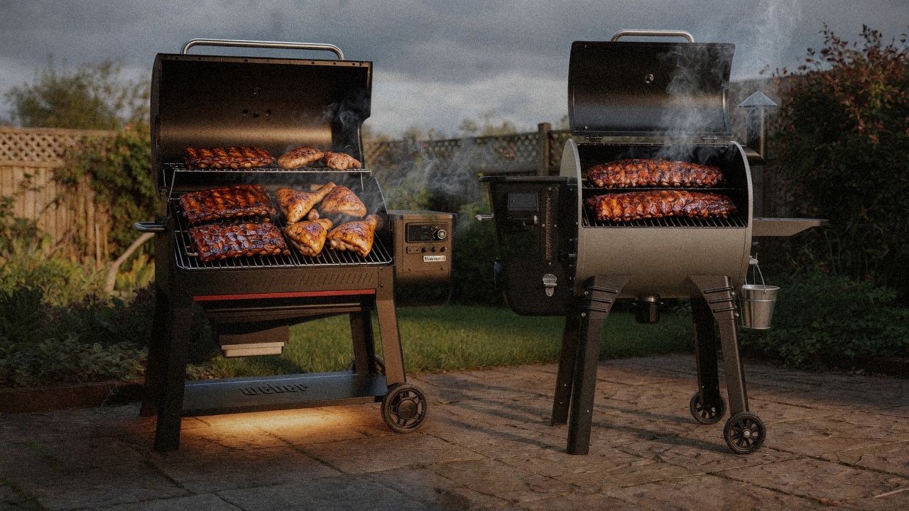 Weber Searwood XL 600 cooking next to Camp Chef Woodwind Pro WiFi 24, wood pellet grills on the same patio