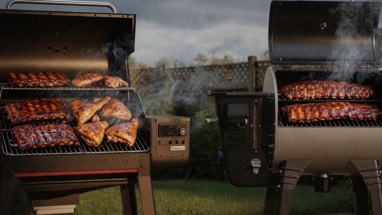 Searing and grate view: Weber Searwood XL 600 next to Camp Chef Woodwind Pro WiFi 24