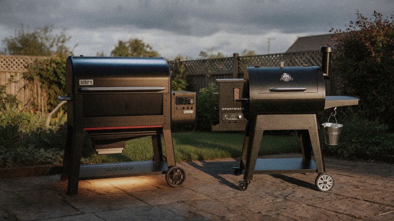 Morning patio with the Weber Searwood XL 600 and the Pit Boss Sportsman, unboxing-day mood