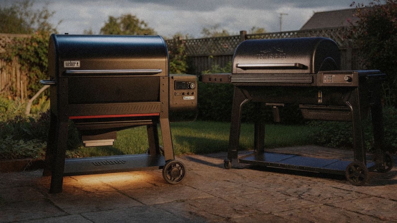 Weber Searwood XL 600 standing next to Traeger Ironwood, showing the size and price-tier gap