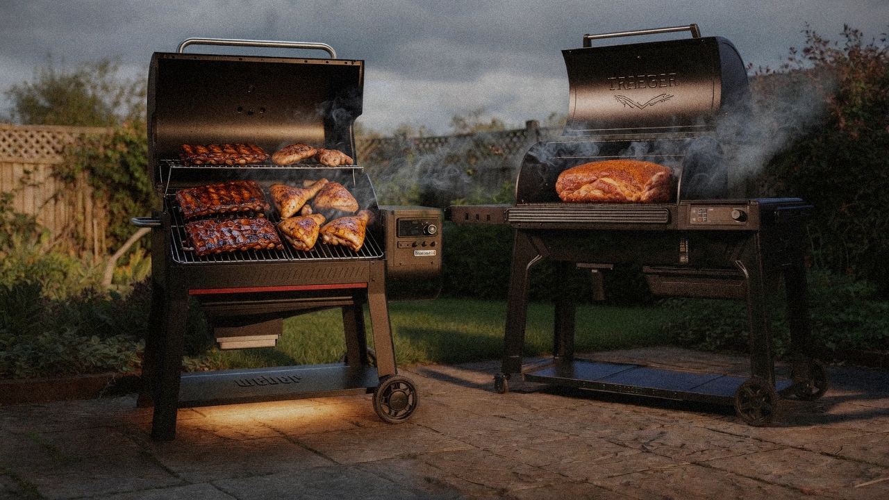 Weber Searwood XL 600 cooking next to Traeger Pro 780, wood pellet grills on the same patio
