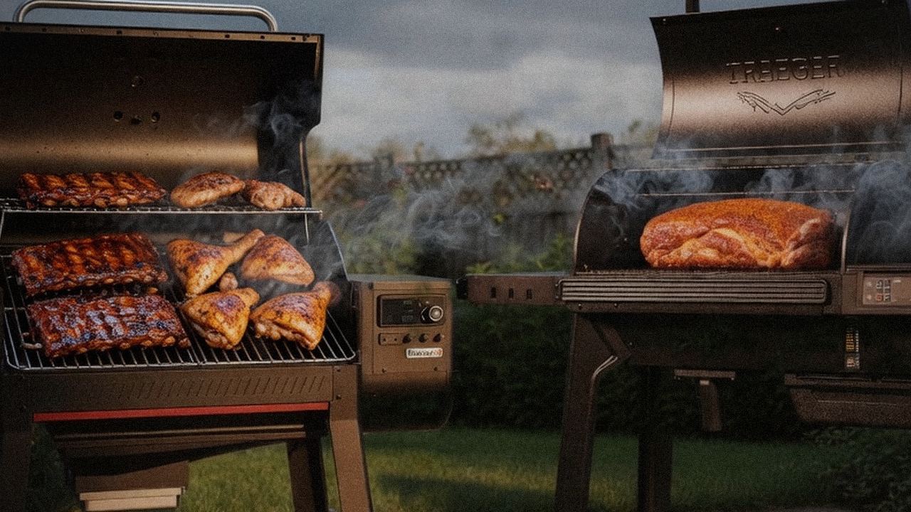 Searing and grate view: Weber Searwood XL 600 next to Traeger Pro 780