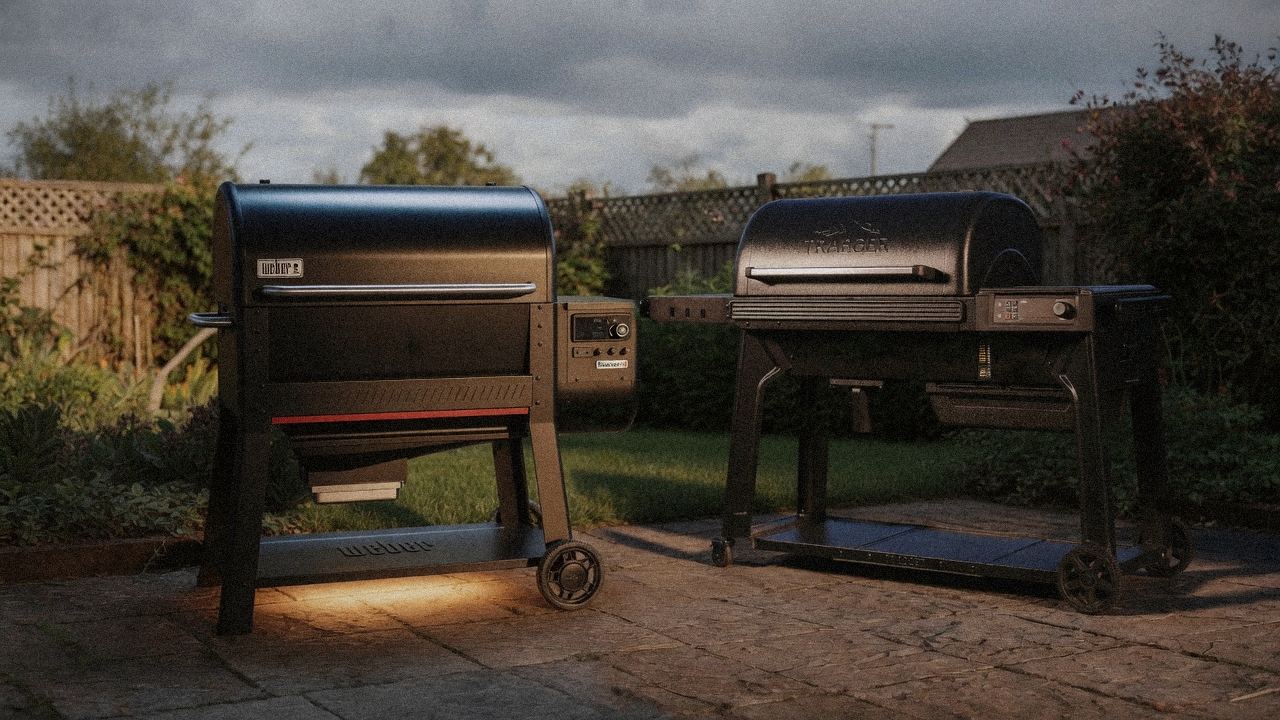 Morning patio with the Weber Searwood XL 600 and the Traeger Woodridge Pro, unboxing-day mood