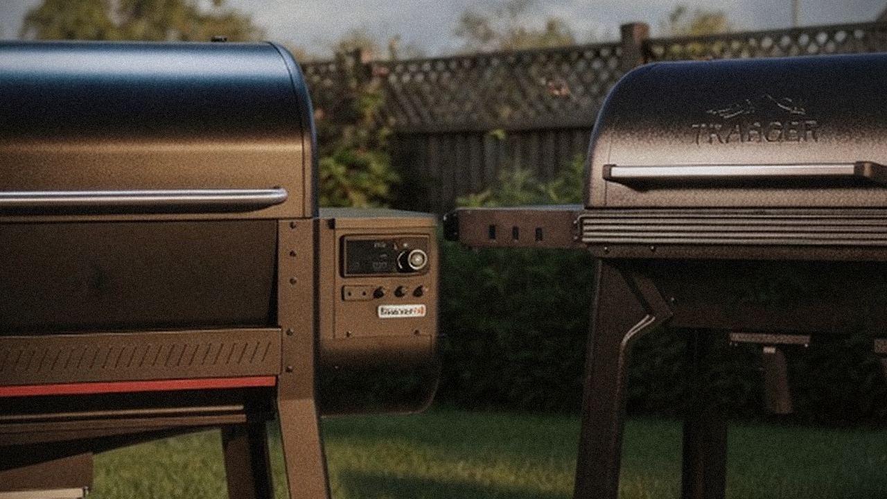Weber Searwood XL 600 and Traeger Woodridge Pro starting up, controllers lit
