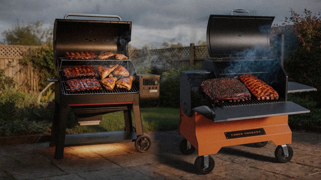 Weber Searwood XL 600 cooking next to Yoder Smokers YS640s, wood pellet grills on the same patio
