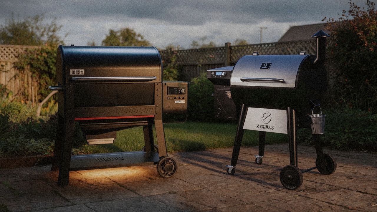 Weber Searwood XL 600 beside Z Grills 700 Series, official product photography on a dark steel panel