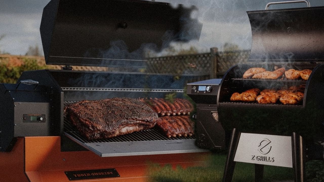 Yoder YS640s beside Z Grills 700 Series, official product photography on a dark steel panel