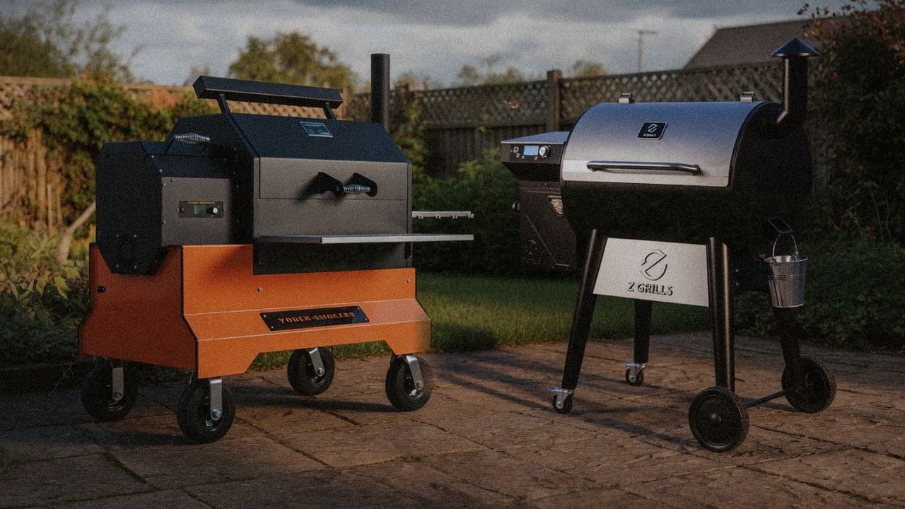 Yoder Smokers YS640s standing next to Z Grills 700 Series (ZPG-7002), showing the size and price-tier gap